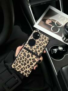 Ultra-Thin Full-Coverage Huawei P50 Pocket S Leather Case Leopard Print Foldable Design Protective Shell for Women Ins Style