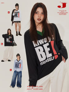 เสื้อยืดคอกว้างแขนยาวลายตัวอักษร DADATATA สำหรับผู้หญิง ทรงหลวม ไซส์ใหญ่ เสื้อชั้นใน เสื้อผ้าทำงานสไตล์เกาหลี