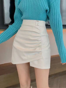 กระโปรงสั้นทรงเอเอวสูง กระโปรงสั้นทรงเอผ้าหนังสำหรับผู้หญิง ฤดูใบไม้ร่วง 2023 กระโปรงสั้นทรงเอผ้าฝ้ายทรงเอเอวสูง