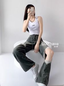 American Style Hot Girl Belly Button Hole Jeans Womens Summer New Loose Straight Leg Floor-Length Pants High Waist Denim