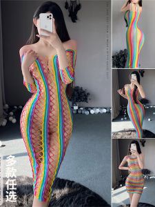 ติดแมวของคุณ: ปลดล็อคมุมมองใหม่! เสื้อผ้าตาข่ายหลากสีชุดบอดี้สูทฉลุลายซีทรูลายทางรัดสะโพกเซ็กซี่