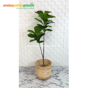 Pohon Hias Tanaman Artificial Daun Ketapang T100 Latex Pot Dasar Hitam Plastik + Cover Rotan Ulir Hiasan Rumah Cafe Dekorasi Sudut Ruangan Aesthetic