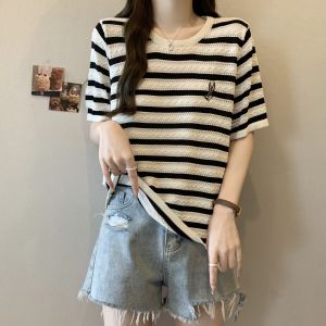 Áo Thun Tay Ngắn Thêu Lụa Băng Mùa Hè Cho Nữ Cỡ Lớn Dáng Rộng Ôm Vừa Vặn Cổ Tròn Tay Ngắn Họa Tiết Sọc