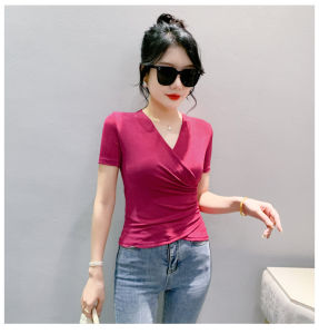 REHIN Summer new v-neck Slim short-sleeved mesh T-shirt set head within a thin cross pleated bottoming blouse elegant womens top