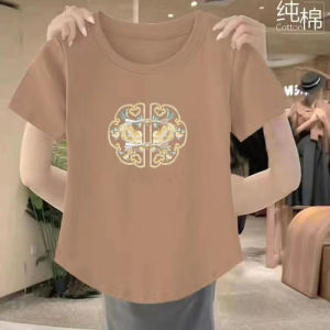 Pure Cotton Short Sleeve T-Shirt Women Summer Loose Fit Casual Style Printed round Neck Top Korean Style Creative Pattern