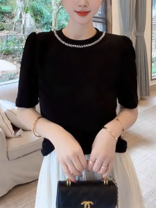QINGNAER | Black Beaded Round Neck Sleeveless T-Shirt Large Size