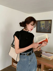 Slim Fit Short Sleeve T-Shirt Womens Black High Collar Korean Style Summer New Arrival Versatile Slimming Top by Yang Bubble