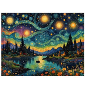 Jigsaw Puzzle 500/1000/1200/2000PCS Van Gogh Starry Night Lake and Village Landscape Artwork Puzzle Wall Art Decor Gift