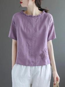 NUANKONG | Versatile Cotton Linen Embroidered Short-Sleeved Slim Fit Top