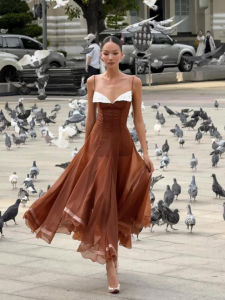 French Style Light Maturity Contrast Irregular Strap Dress