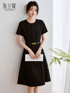 French Elegant Black Mini Dress Womens Summer Fashion Slimming A-Line Skirt Midi Dress Polyester Blend Short Sleeve round Neck