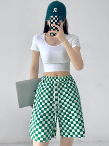 American Retro Plaid Casual Shorts Loose Fit High Waist Straight Leg Sweatpants Sporty Mid-Length Trousers