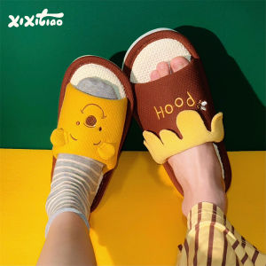 รองเท้าแตะผ้าฝ้ายลินินลาย Winnie the Pooh สำหรับผู้ชายและผู้หญิง รองเท้าแตะพื้นนุ่ม ดูดซับเหงื่อ สำหรับใส่ในบ้าน ฤดูใบไม้ผลิและฤดูร้อน