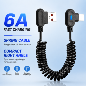 6A USB A to Type C Spring Fast Charging Cable 90 Degree Elbow Coiled Data Cord for Car Charger USB C Phone Tablet Black