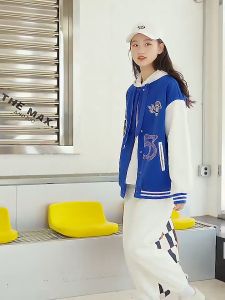 Women Loose Contrast Color Baseball Jacket 2023 Spring and Autumn American Trend Retro Vibe Style Long Sleeved Coat