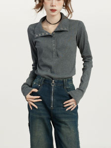 KBVVR | Gray Knitted Polo Collar Long Sleeve T-shirt Autumn