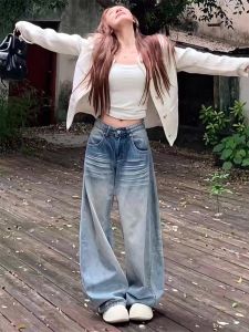 กางเกงยีนส์ทรงหลวมเอวต่ำทรงหลวมสไตล์อเมริกันย้อนยุคสำหรับผู้หญิง ฤดูใบไม้ผลิและฤดูใบไม้ร่วง กางเกงขายาวทรงตรงทรงหลวม