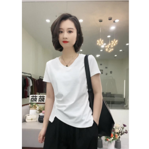 Shalldoer | Cotton Short Sleeve V-Neck Irregular Slimming T-Shirt