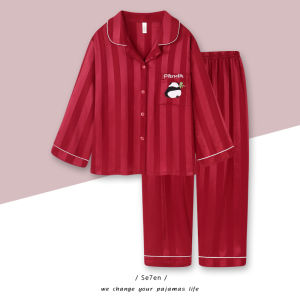 Romantic Spring Couples Sleepwear Long Sleeve Ice Silk Red Wedding New Home Clothes Men Women Style Lucky Year Home Clothes