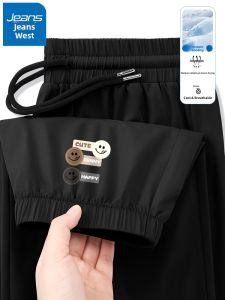 Jeanswest Mens Summer New Ice Silk Sports Quick Dry Casual Loose Straight Leg Pants with Pocket Elastic Waist Long Trousers