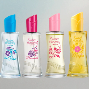 Avon Sweet Honesty perfume bottles with pink caps floral design. Buy one get one offer.