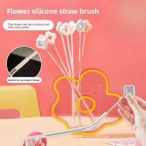 360 Degree Rotating Floral Silicone Straw Brush with Spiral Bristles for Baby Bottle Nipple Tube Deep Cleaning Baby Safe Straw C