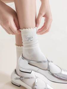 Miu Series Bows Embroider Lace Socks Womens Pure Cotton Mid-Calf Length Socks Japanese Style Ballet Style with Mary Jane Leather Shoes