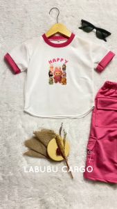 Baju anak perempuan boneka labubu dan celana cargo bahan katun flis usia 1 sampai 10 tahun