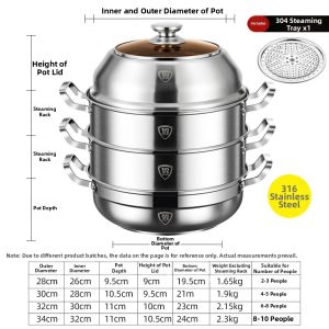 SHUDUODUN | 316 Stainless Steel Thick Multi-layer Large Capacity Composite Bottom Steam & Cook Pot