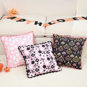 BUYNOW Halloween Bow Print Lace Pink Throw pillowcase Festive Party Living Room Sofa18x18inch Cushion Cover Home Bed Decor