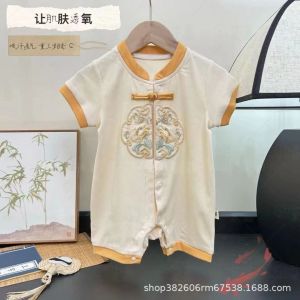 ชุดหมีผ้าคอตตอนเด็กทารกเด็กผู้ชายใหม่ชุดเด็กเล็กระบายอากาศสำหรับฤดูร้อนจั๊มสูทเด็กทารกสไตล์จีนชุดวันซี่0-3ปี2024