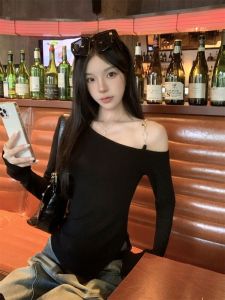 Black Asymmetrical Shoulder Long Sleeve T-Shirt Womens Fashion Spring Autumn Chic Base Layer Shirt Inner Wear Cotton Blend