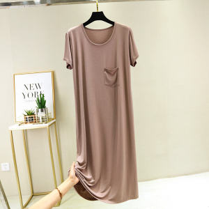 Váy Ngắn Tay Modal Dáng Chữ a Cỡ Lớn Mùa Hè 2025 Váy Ngủ Mỏng Rộng Rãi Váy Dài Thon Gọn Váy Công Sở Cổ Tròn Màu Trơn