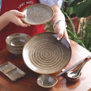 Đĩa ăn tròn đĩa đựng thức ăn men hỏa biến Bát Tràng - màu lam biếc và gấm cao cấp phong cách Bắc Âu