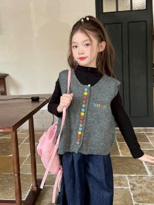 Girls Knitted Vest Spring Fashionable Sleeveless Outerwear Versatile Retro Style Childrens Clothing round Neck Single Button