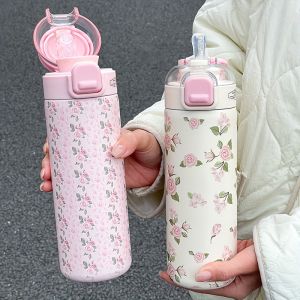 1pc 700ML Printed Insulated Sports Water Bottle - One-Touch Lid with Straw & Sip Option Cute Thermos for Outdoor