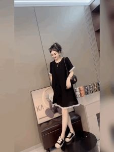 ชุดเดรสผ้าไหมน้ำแข็งสีดำสไตล์ฝรั่งเศส ทรงหลวม แขนกุด คอวี สไตล์ลำลอง แฟชั่น เอวสูง กระโปรงทรงเอ กระโปรงยาวคลุมเข่า