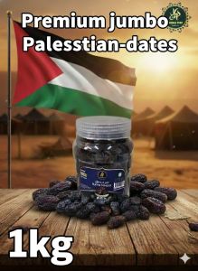 KURMA MAJDOOL PLASTINE JUMBO 5KG/1KG/500G Dates Fresh Tropical Fruit Boxed Palestinian Flag Wooden Table Scene