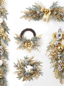 Gold Plated Christmas Wreath with Pinecones And Evergreen Branches Door Hanging Vine Stick Set Festive Decorations by Zhi Ling