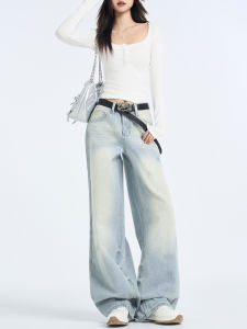High Waist Wide Leg Denim Jeans Womens New Style American Casual Loose Hole Drag Floor Straight Leg Pants Blue Wash