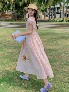 Pink French Style Floral Print Long Dress Womens Summer 2025 New Fairy Tale Slimming A-Line Skirt Sweet High Waist Bubble Sleeve