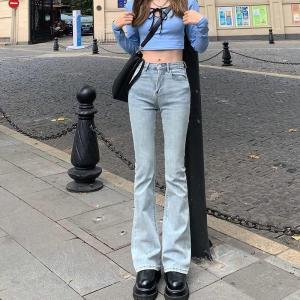 Wanita Jeans Pinggang Tinggi Polos Langsing Celana Panjang Kaki Celana Tanduk