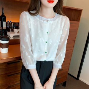 Summer Womens Chiffon Shirt Half Sleeve mid Sleeve Button up Top Belly Covering Slimming Short Sleeve T-Shirt New Autumn Style