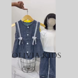 Setelan denim anak perempuan import korean style usia 3 - 10 tahun set jeans anak kekinian model terbaru korean style set jumbo anak celana cargo - COD