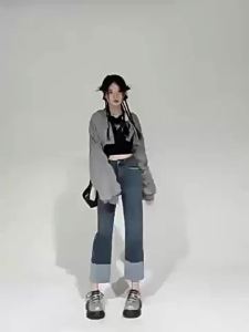 High Waist Slim Fit Turned-up Hem Womens Jeans