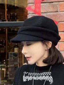 2025 New Black Fashionable Octagonal Hat Asymmetrical Newsboy Cap Artist Style Casual Adjustable round Top Large Brim Hat