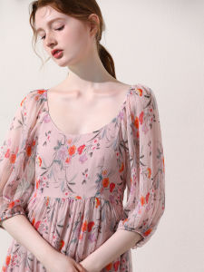 Miccbeirn | Silk Printed French Court Style Long Dress Vacation Floral Fairy Skirt High Waist Slimming A-Line Summer Dress Round Neckline