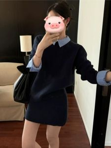 BINKAFENNY | Early Autumn Womens Outfit OOTD Full Set Fake Two-Piece Patchwork Shirt Collar Sweater Wrap Half-Skirt Two-Piece Set