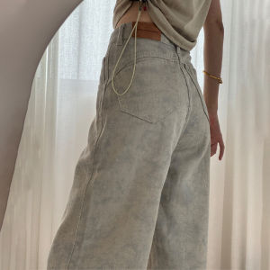 Retro Tie Dye Wide Leg Jeans Womens Loose plus Size Floor Length Straight Leg Pants Casual High Waist Denim Pants