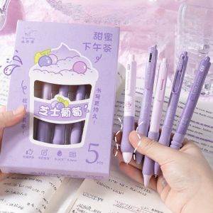 5 Pcs Smooth Black Ink Retractable Gel Pens Cheese Grape Soft Grip Quick-Drying for Student Exam Practice School Pink